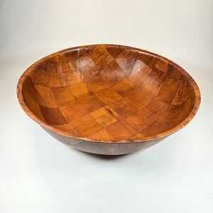 Vintage Woven Parquet Wood Serving Bowl 15" Mid Century MCM